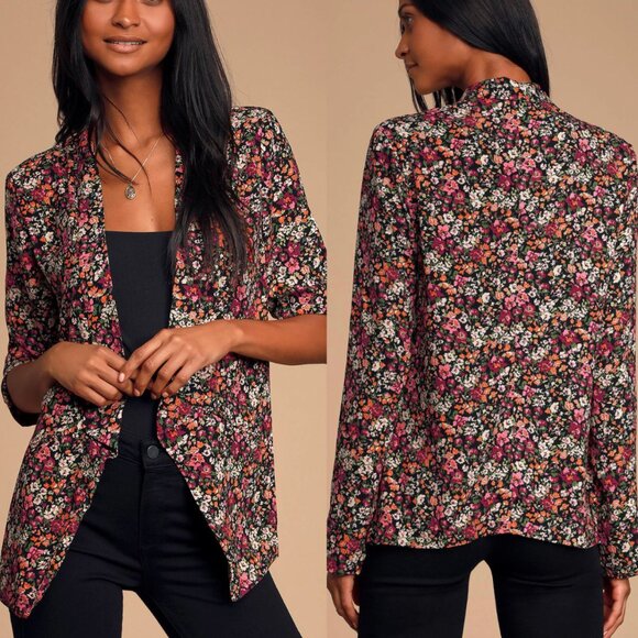 LULUS Miss Punctuality Pink Black Floral Print Lightweight Blazer Open Jacket S - Picture 1 of 15